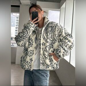 🤍 new Teddy plush zipper casual loose jacket coat print pattern beige size S